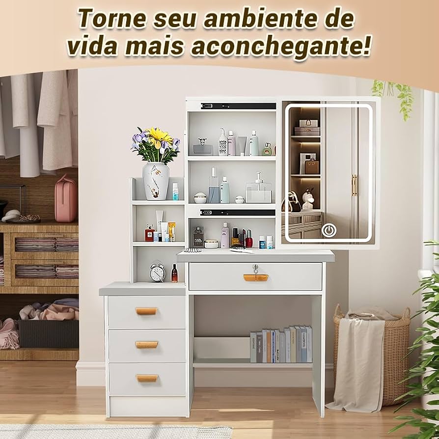 Penteadeira Compacta com Espelho e LED no ambiente
