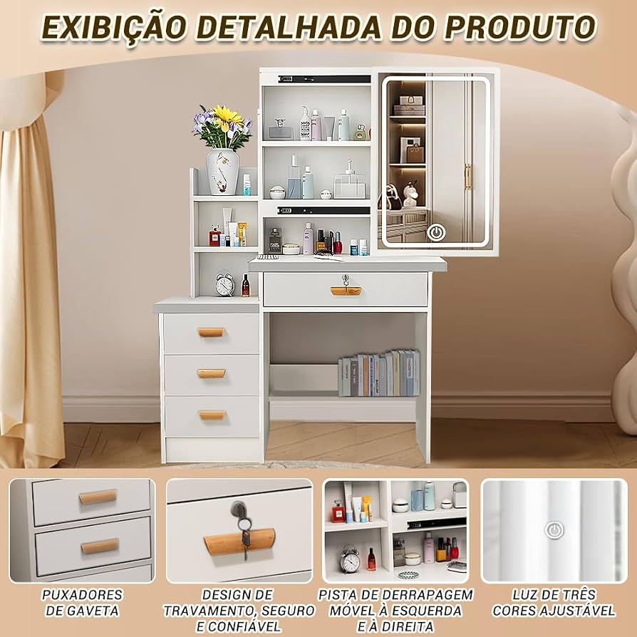 Detalhes da Penteadeira Compacta com Espelho e LED
