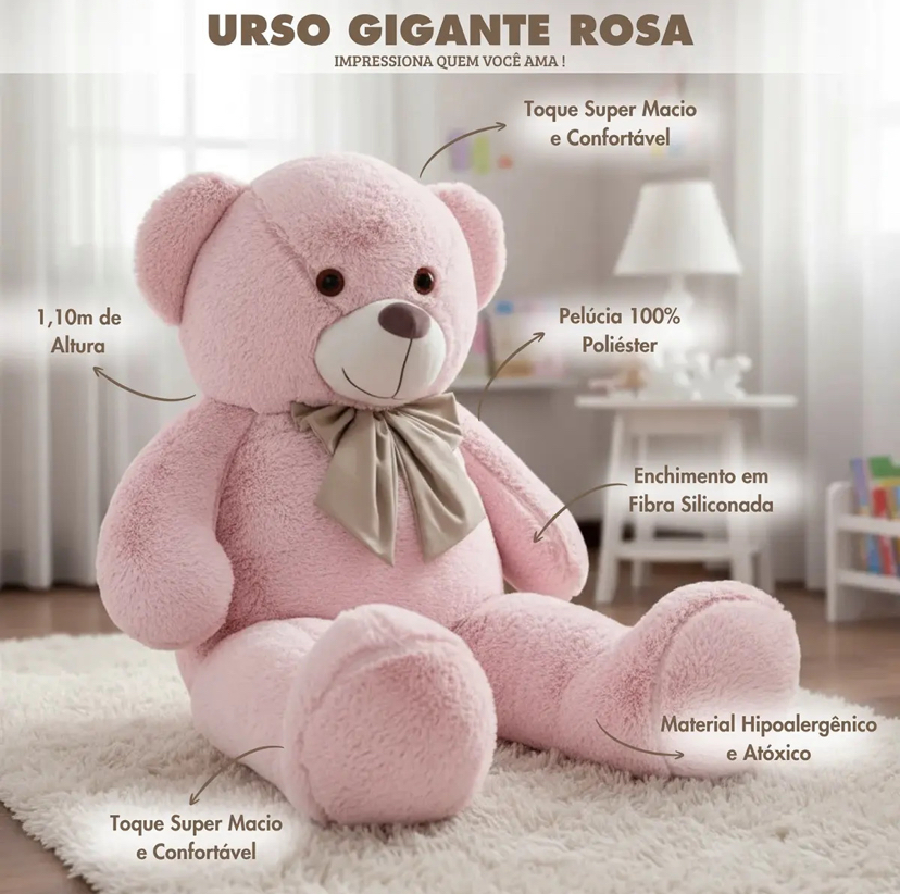 Detalhes do Urso de Pelúcia Gigante Rosé