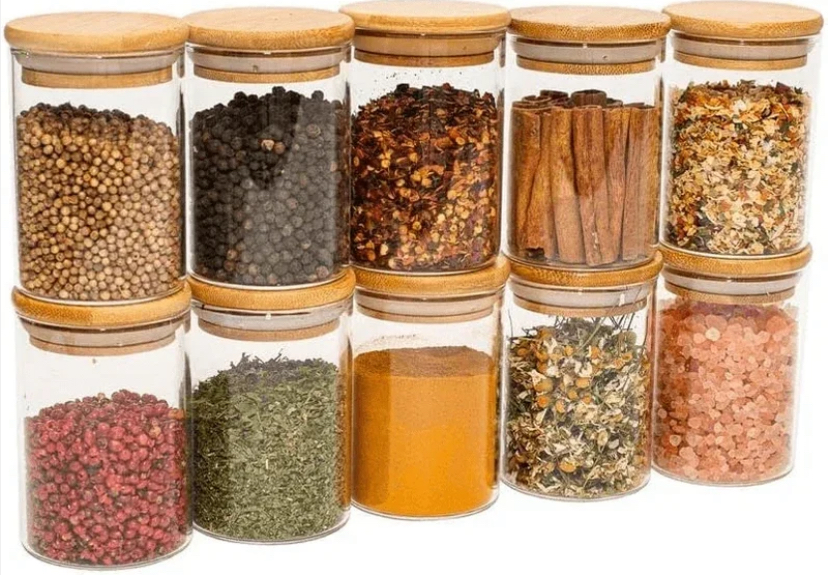 Kit com 10 potes herméticos de vidro com tampa de bambu