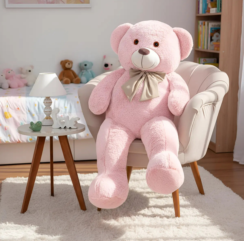 Urso de Pelúcia Gigante Rosé em poltrona